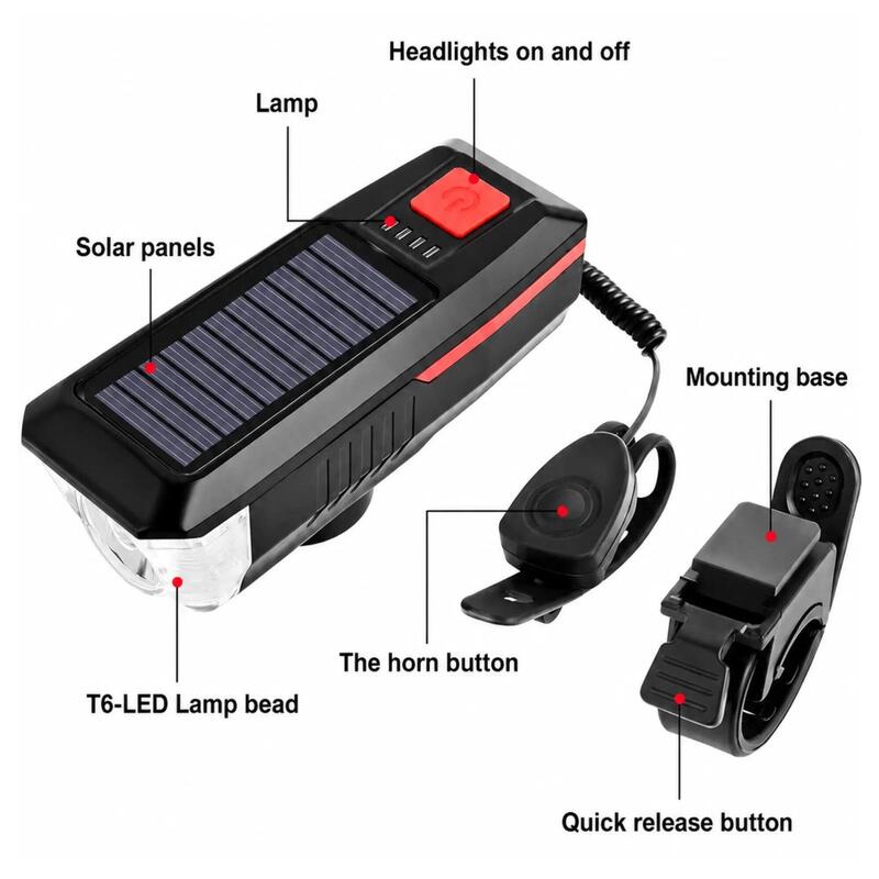 Far față bicicletă solar și USB reîncărcabil – 350 lumeni cu claxon