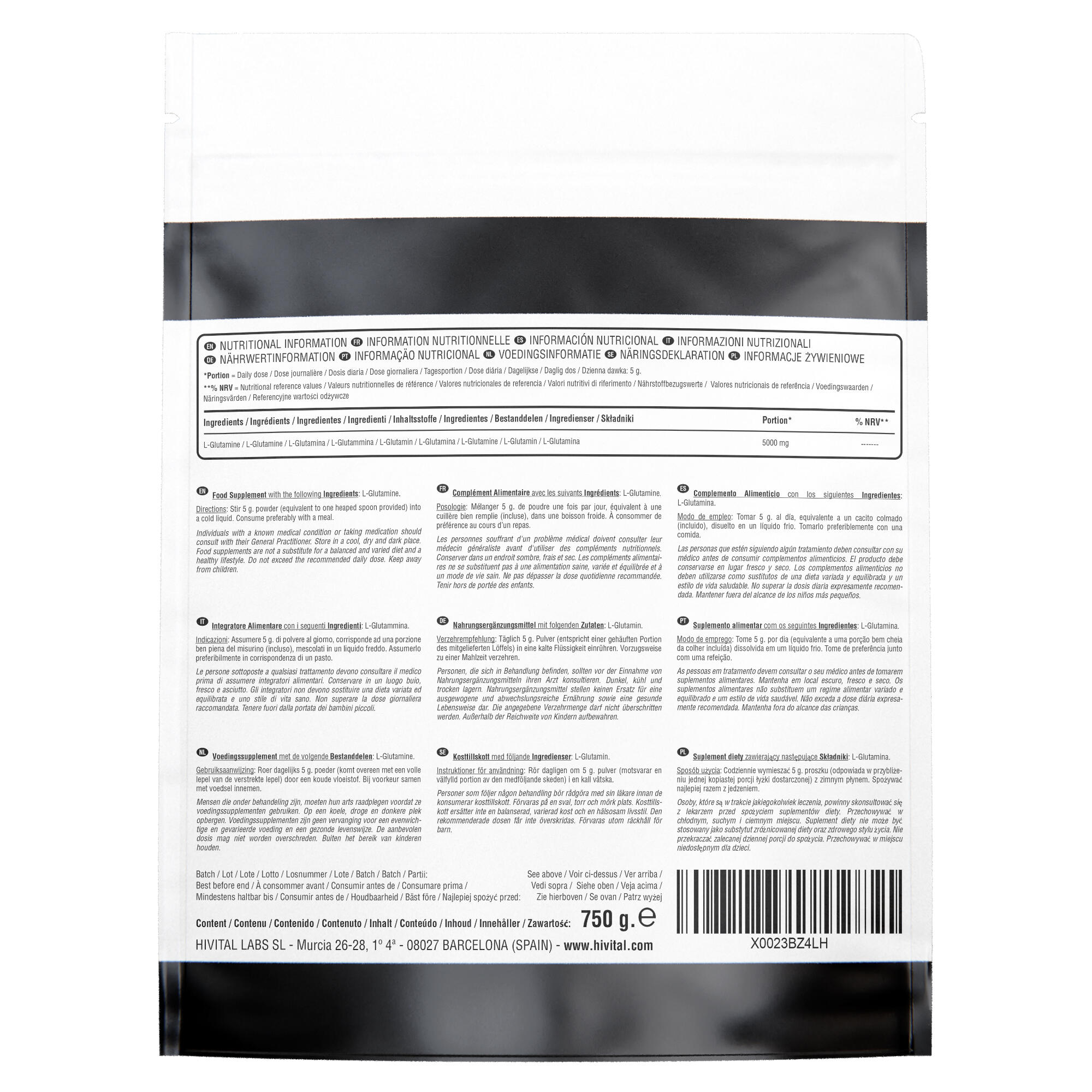 L-Glutamina 5000 mg | 750 gramos de polvo vegano 2/2