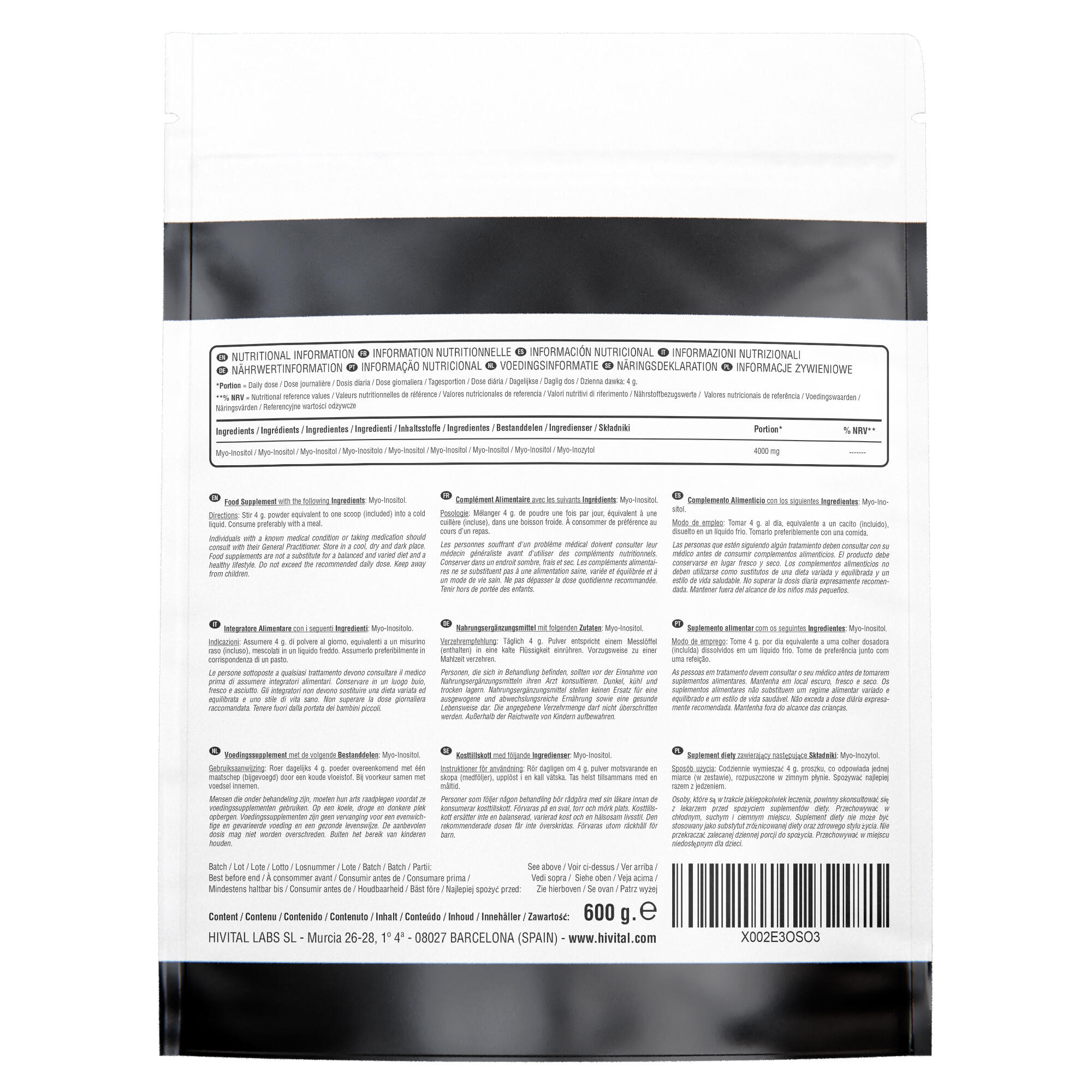 Myo-Inositol 4000 mg | 600 gramos de polvo vegano 2/2