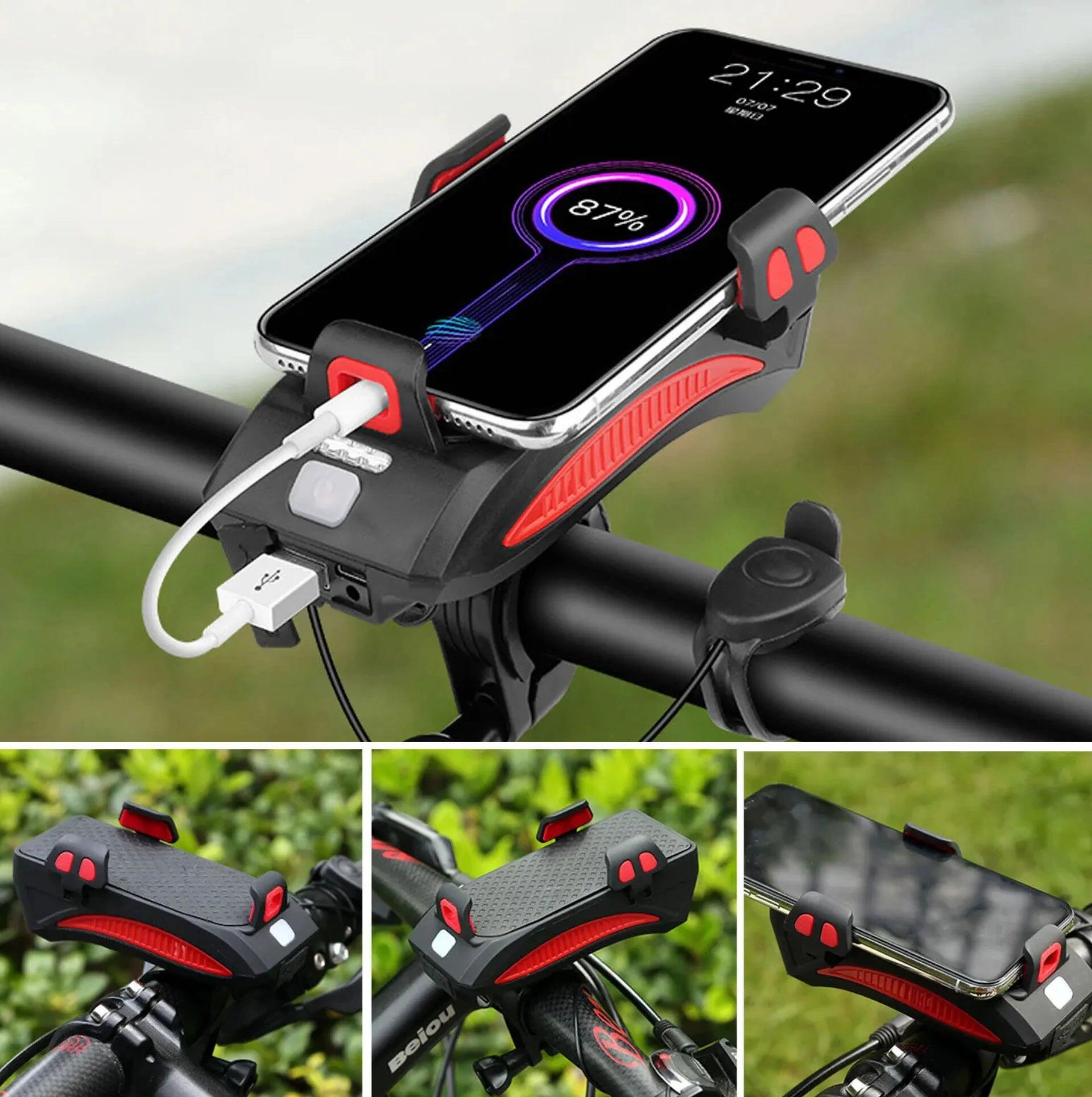Farol bicicleta 4 em 1 400 lúmens com suporte smartphone e buzina 2/4