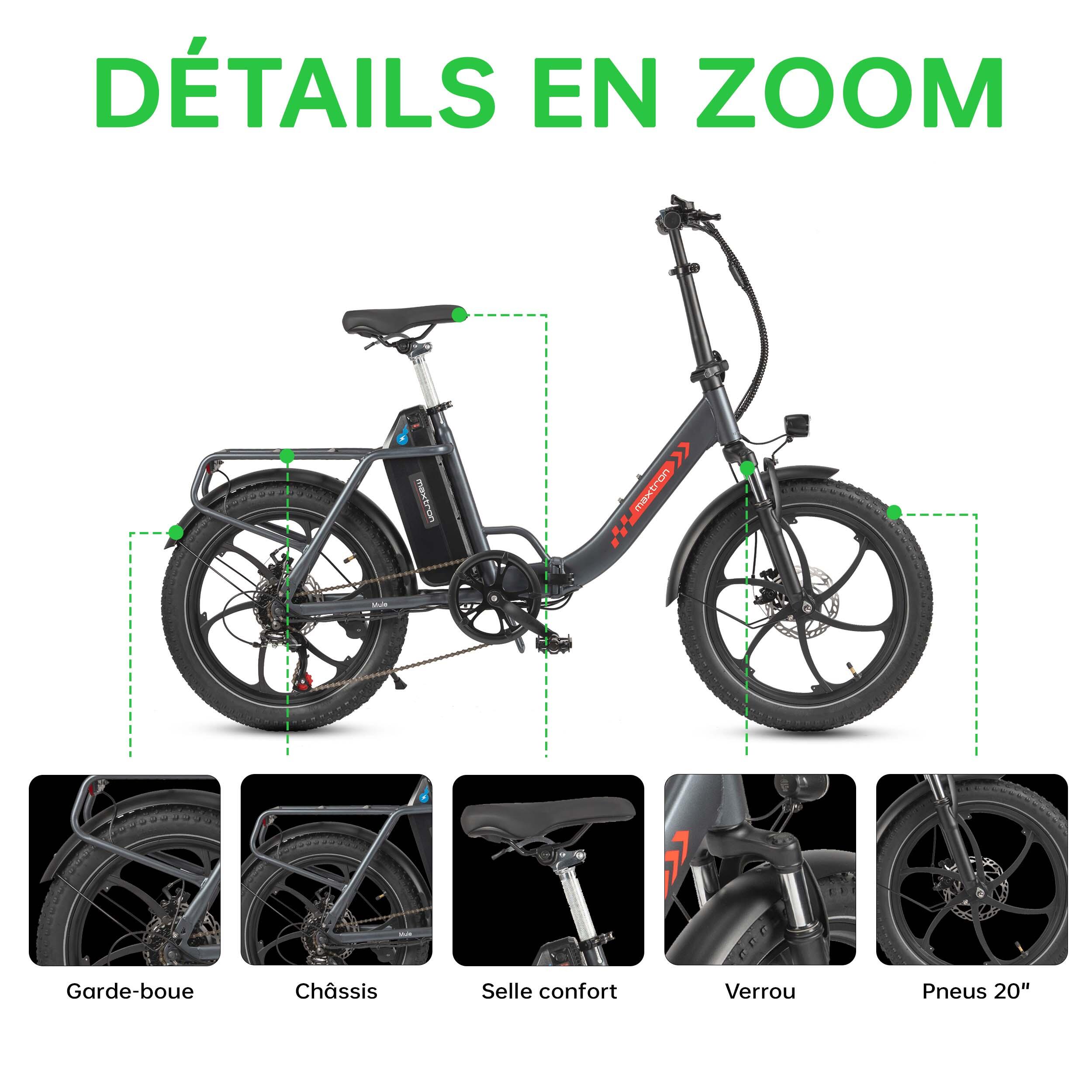Vélo électrique pliable MAXTRON MULE, pneus larges de 20 pouces, 7 vitesses 5/7