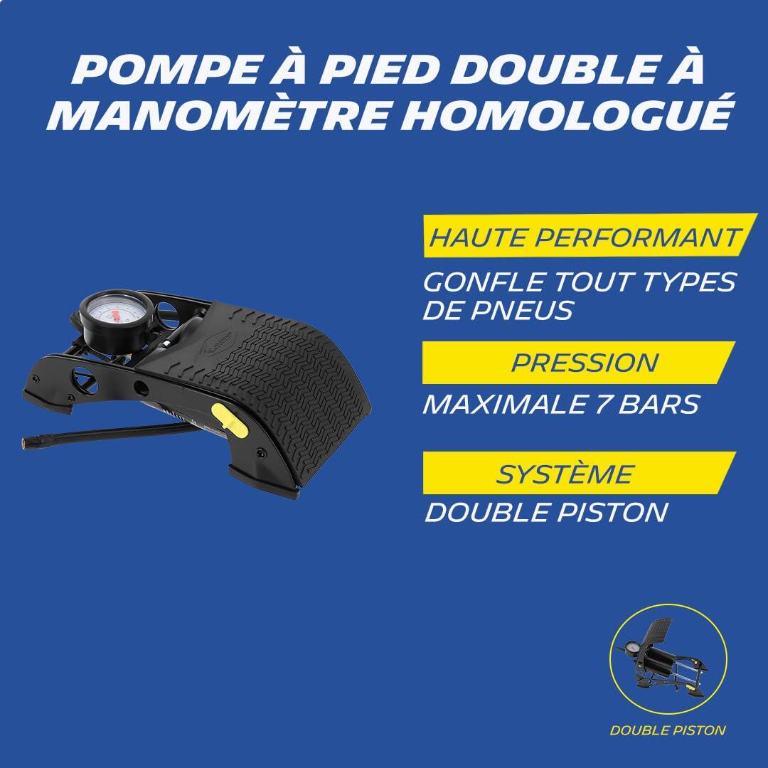 009505 Pompe à Pied Double Piston avec Manomètre Homologué, 7 Bars, Flexible 80 4/6