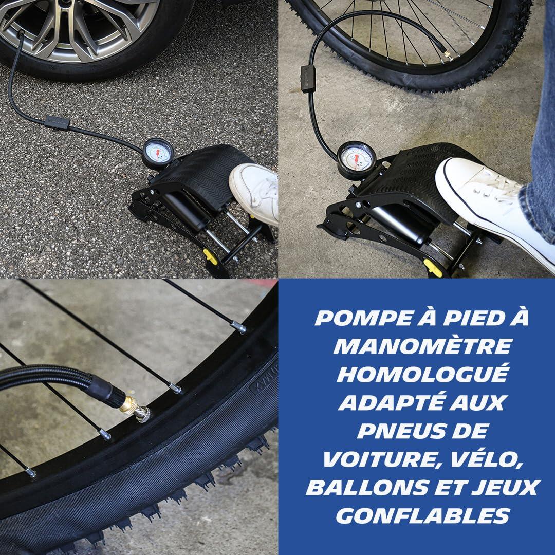 009505 Pompe à Pied Double Piston avec Manomètre Homologué, 7 Bars, Flexible 80 3/6