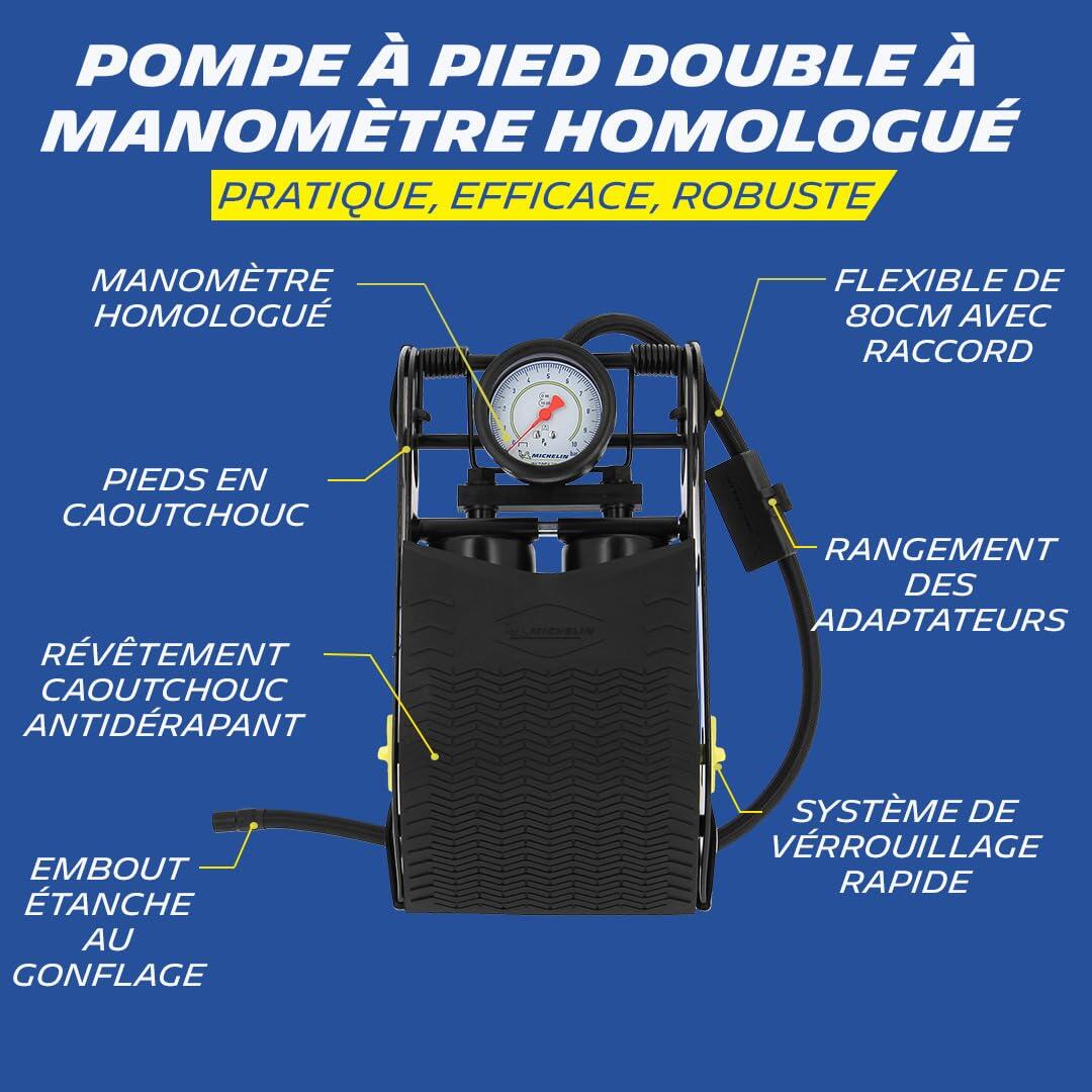 009505 Pompe à Pied Double Piston avec Manomètre Homologué, 7 Bars, Flexible 80 2/6