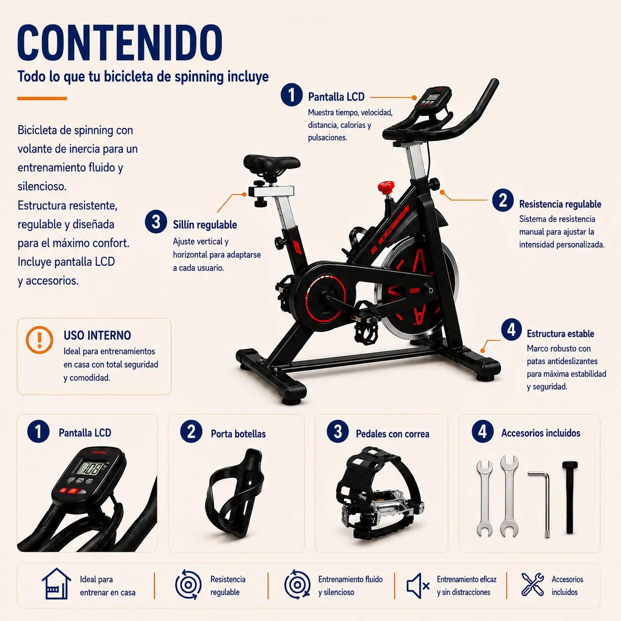Bicicleta Estática Resistencia Ajustable Con Pantalla LCD 3/6