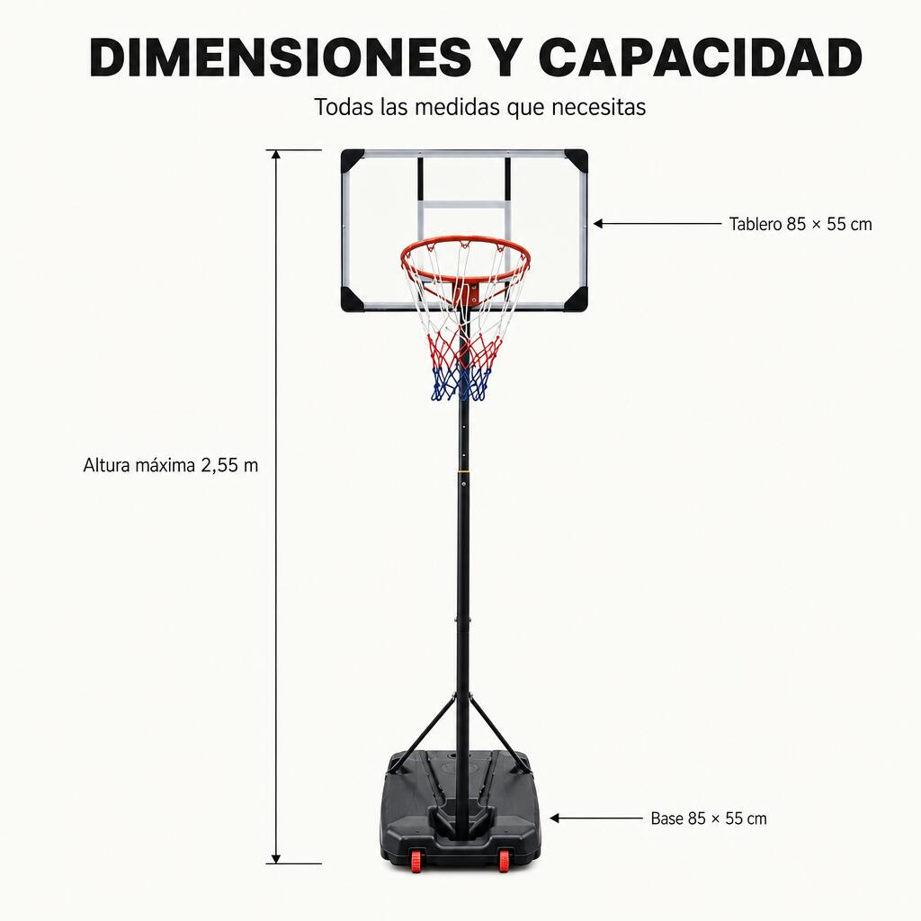 Cesto de basquetebol ajustável em altura com tabuleiro resistente, aro reforçado 7/7