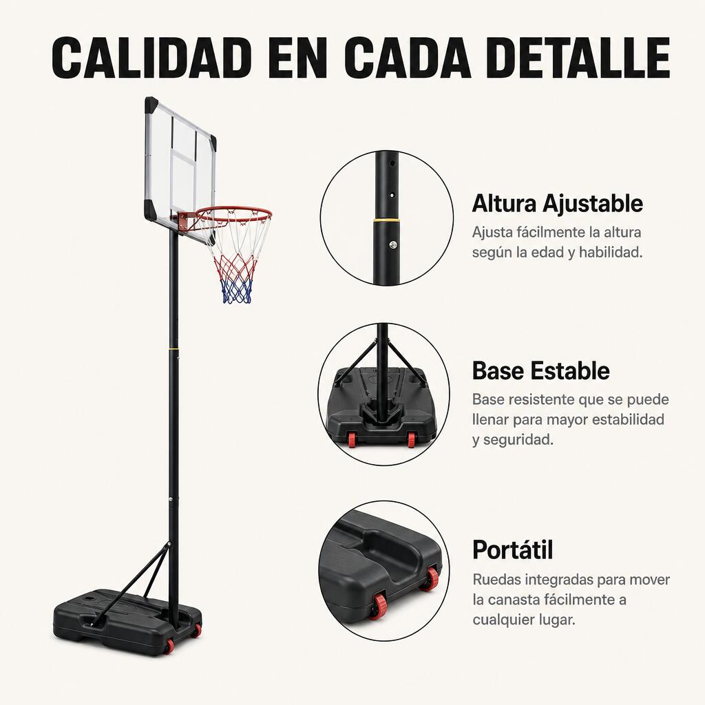 Cesto de basquetebol ajustável em altura com tabuleiro resistente, aro reforçado 6/7