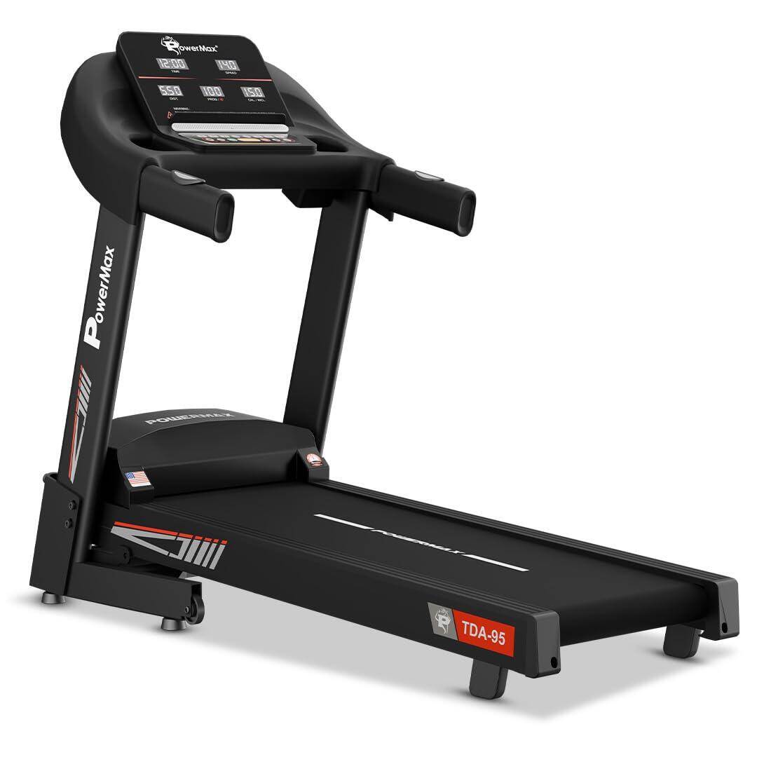 PowerMax Fitness TDA-95 4HP DC Motorized Treadmill For Home Use, 15-Level Auto Incline | 1.0-14 km/h Speed | Running Surface 1100 x 400mm | LED Display | Shock Absorption System | iPad & Mobile Holder -  1