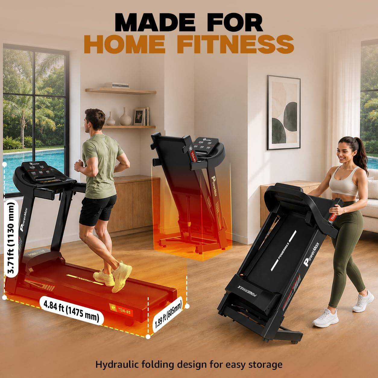 PowerMax Fitness TDA-95 4HP DC Motorized Treadmill For Home Use, 15-Level Auto Incline | 1.0-14 km/h Speed | Running Surface 1100 x 400mm | LED Display | Shock Absorption System | iPad & Mobile Holder -  5