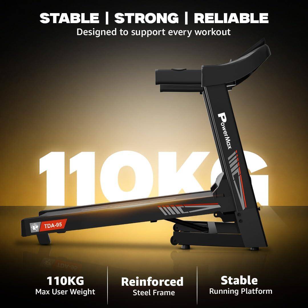 PowerMax Fitness TDA-95 4HP DC Motorized Treadmill For Home Use, 15-Level Auto Incline | 1.0-14 km/h Speed | Running Surface 1100 x 400mm | LED Display | Shock Absorption System | iPad & Mobile Holder -  3
