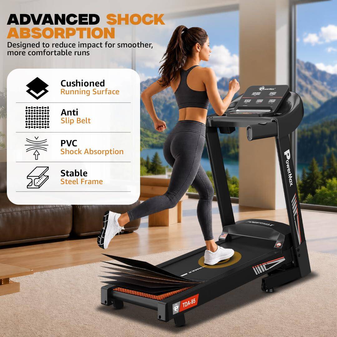 PowerMax Fitness TDA-95 4HP DC Motorized Treadmill For Home Use, 15-Level Auto Incline | 1.0-14 km/h Speed | Running Surface 1100 x 400mm | LED Display | Shock Absorption System | iPad & Mobile Holder -  2