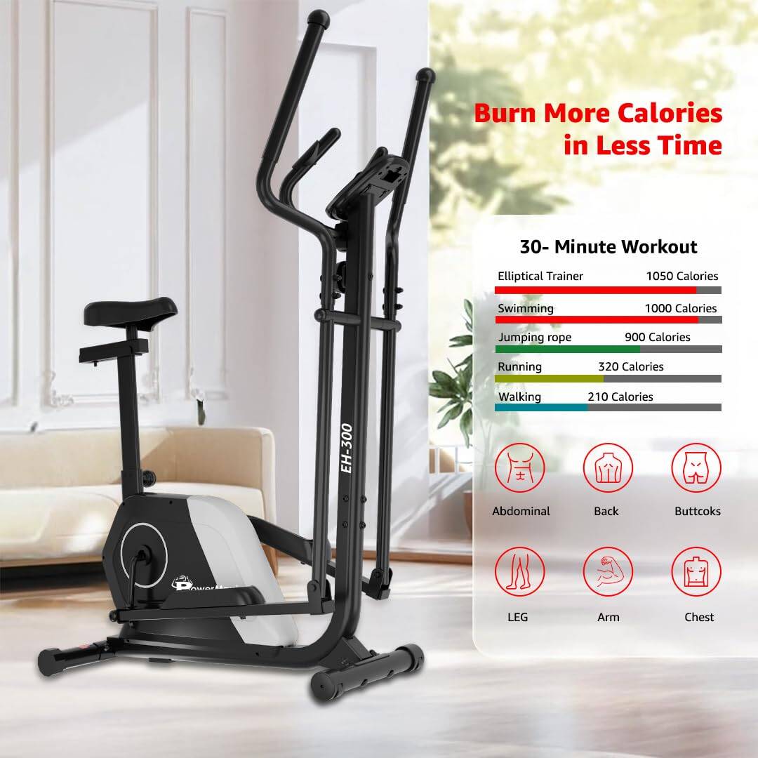 PowerMax EH-300 Elliptical Cross Trainer for Home Gym Workout Machine Adjustable Seat, LCD Display,Max User Weight 100kg, Hand Pulse Sensor, Anti Slip Pedal & 8 Level Resistance, Flywheel: 6KG Red -  5