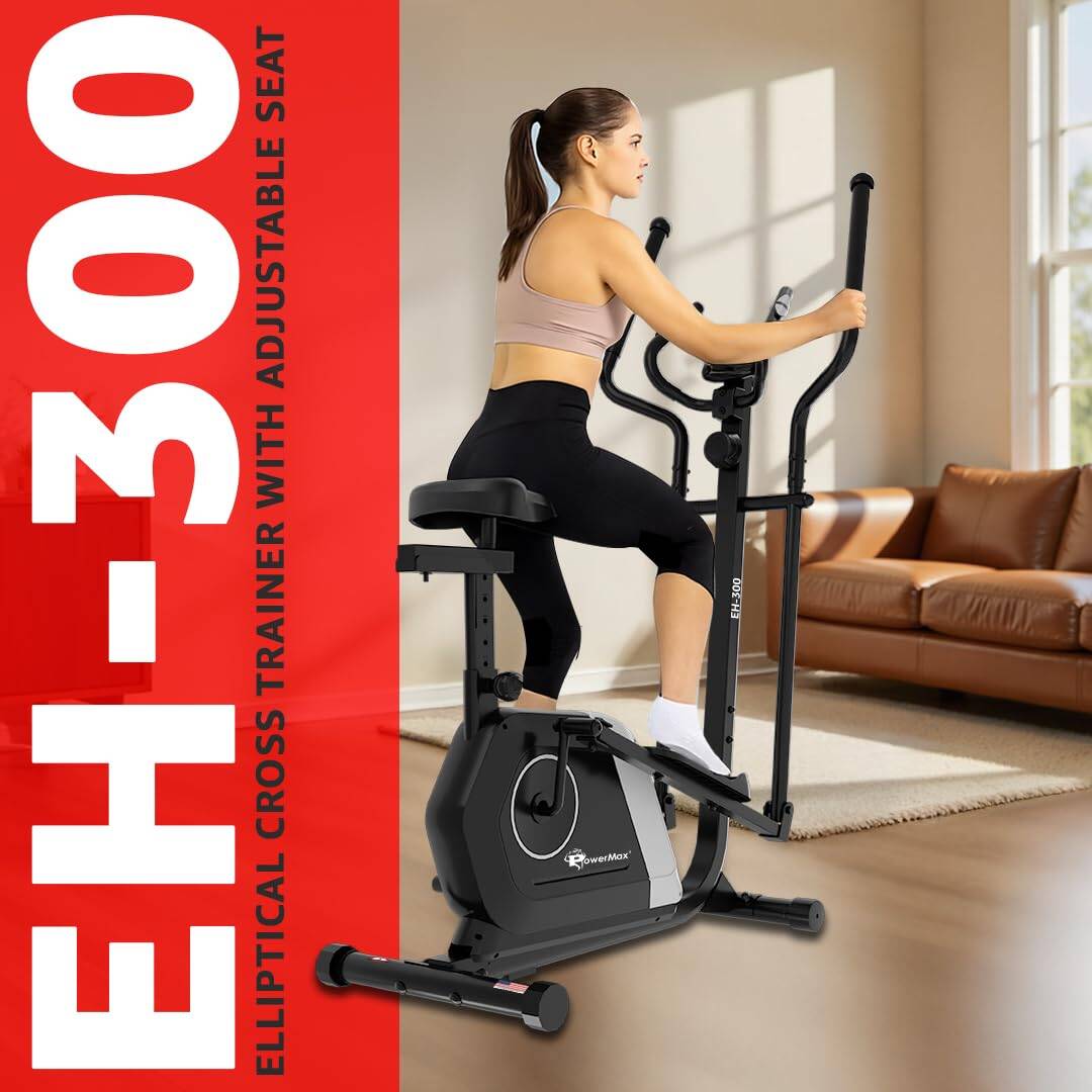 PowerMax EH-300 Elliptical Cross Trainer for Home Gym Workout Machine Adjustable Seat, LCD Display,Max User Weight 100kg, Hand Pulse Sensor, Anti Slip Pedal & 8 Level Resistance, Flywheel: 6KG Red -  2