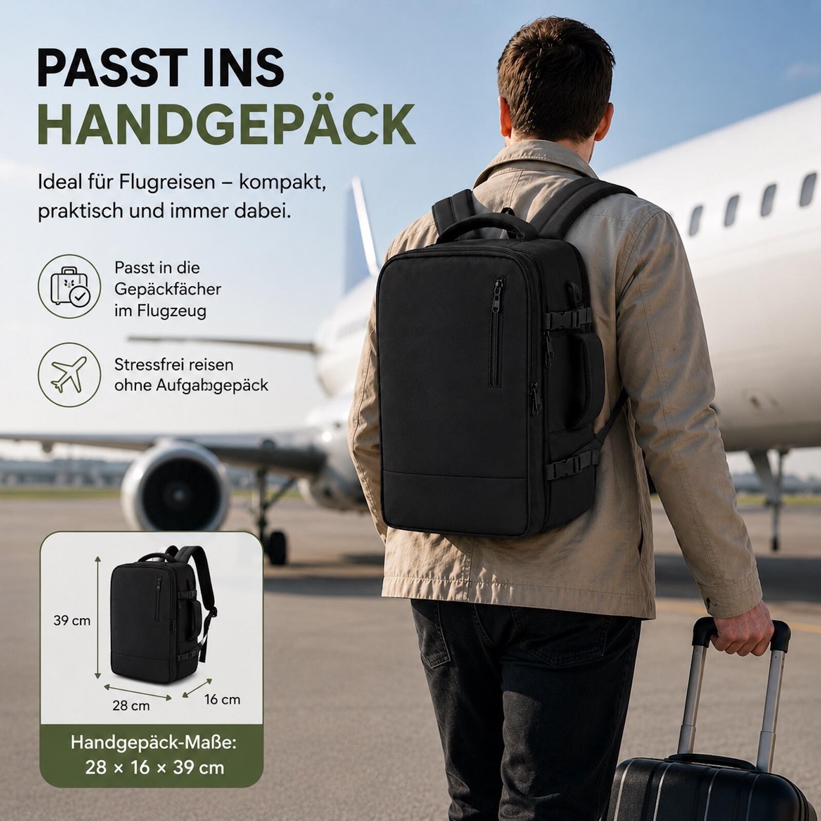 Reiserucksack Handgepäck Flugzeug Rucksack 35 Liter Schwarz 2/10