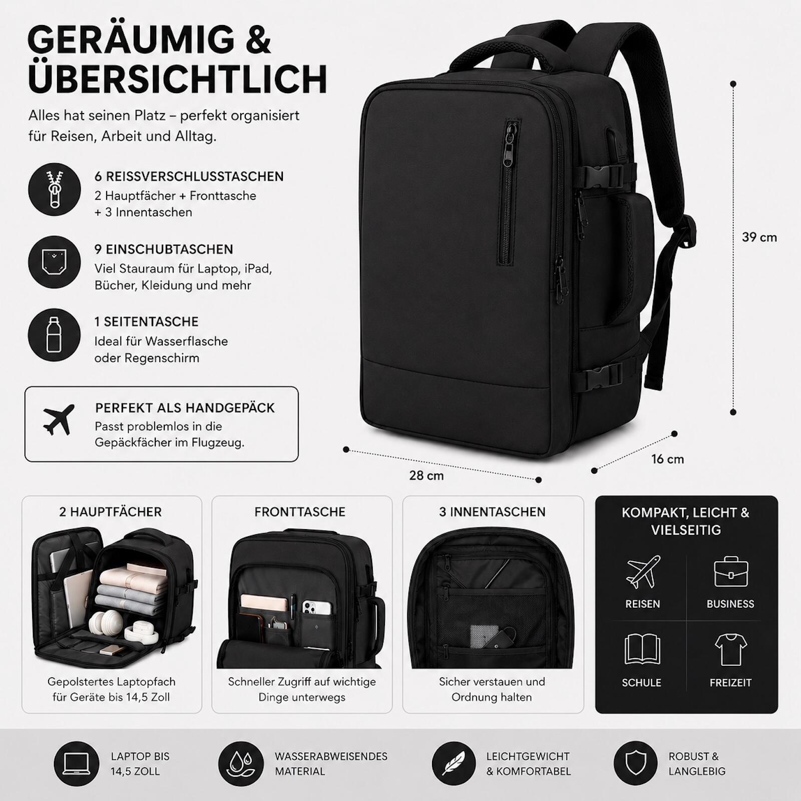 Reiserucksack Handgepäck Flugzeug Rucksack 35 Liter Schwarz 5/10