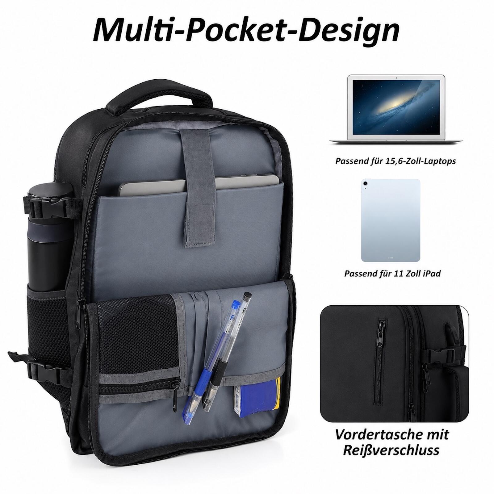 Reiserucksack Handgepäck Flugzeug Rucksack 35 Liter Schwarz 4/10