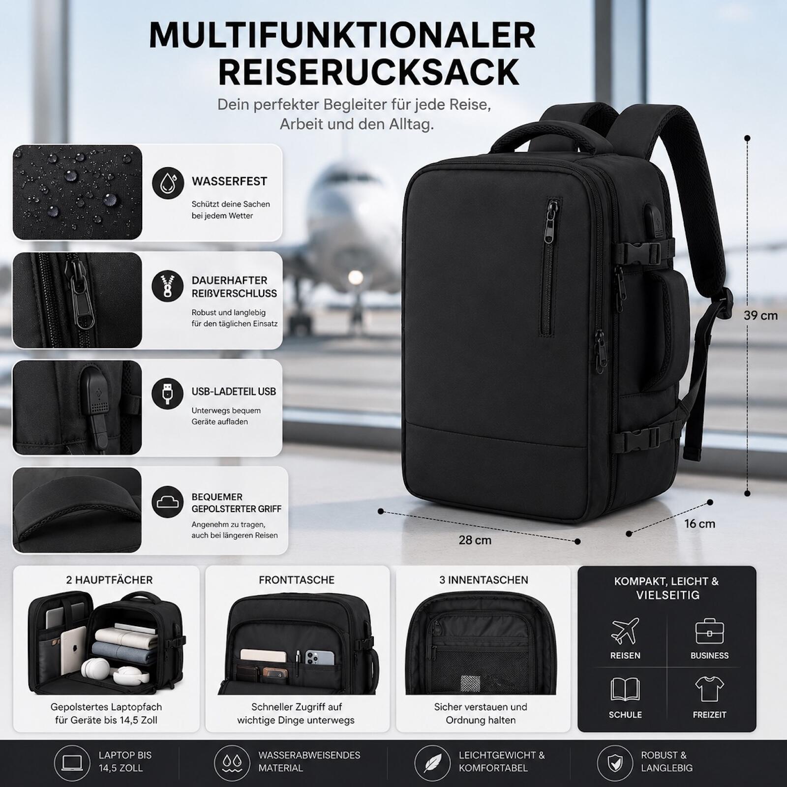 Reiserucksack Handgepäck Flugzeug Rucksack 35 Liter Schwarz 3/10