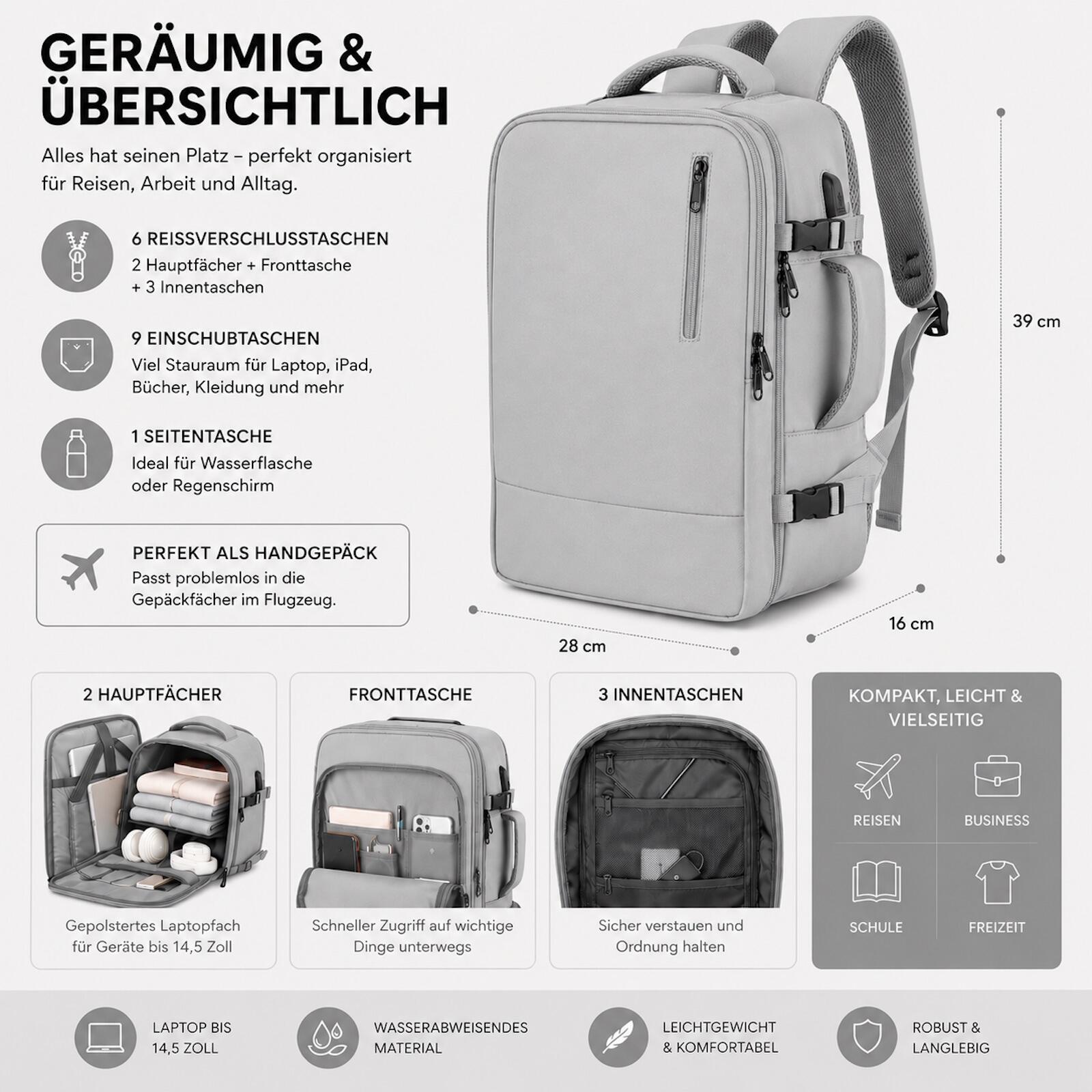 Reiserucksack Handgepäck Flugzeug Rucksack 35 Liter Grau 2/5