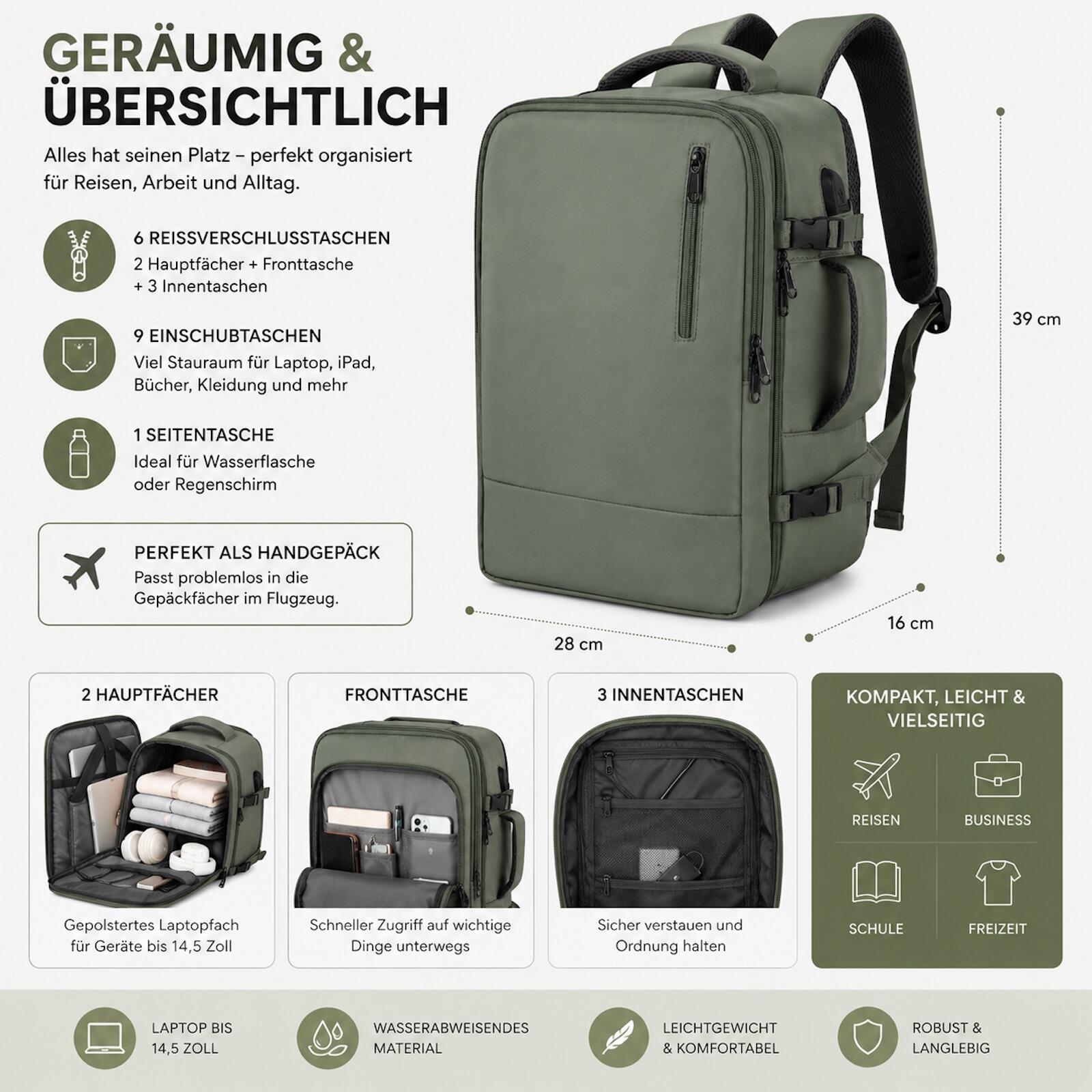 Reiserucksack Handgepäck Flugzeug Rucksack 35 Liter Grün 5/5