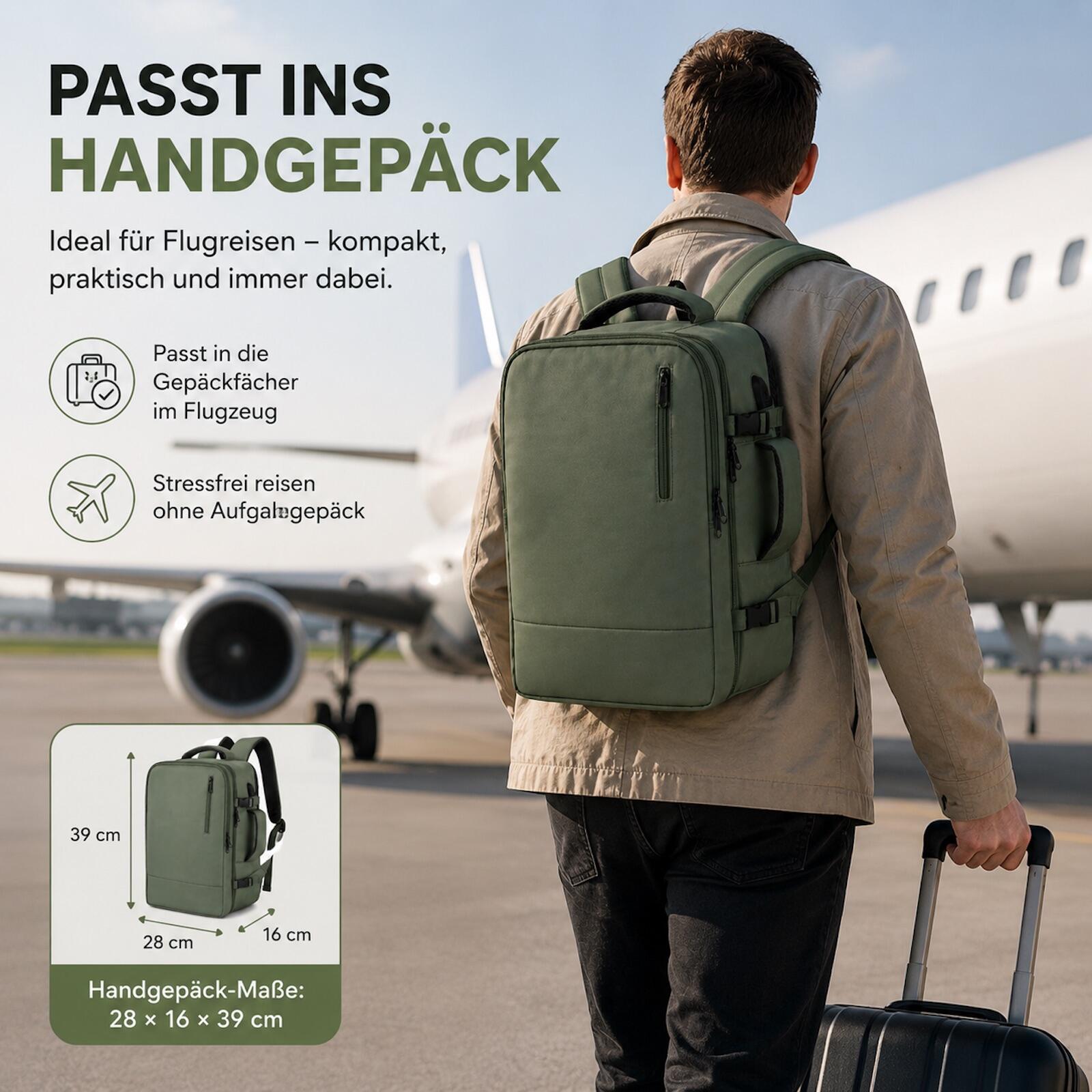 Reiserucksack Handgepäck Flugzeug Rucksack 35 Liter Grün 4/5
