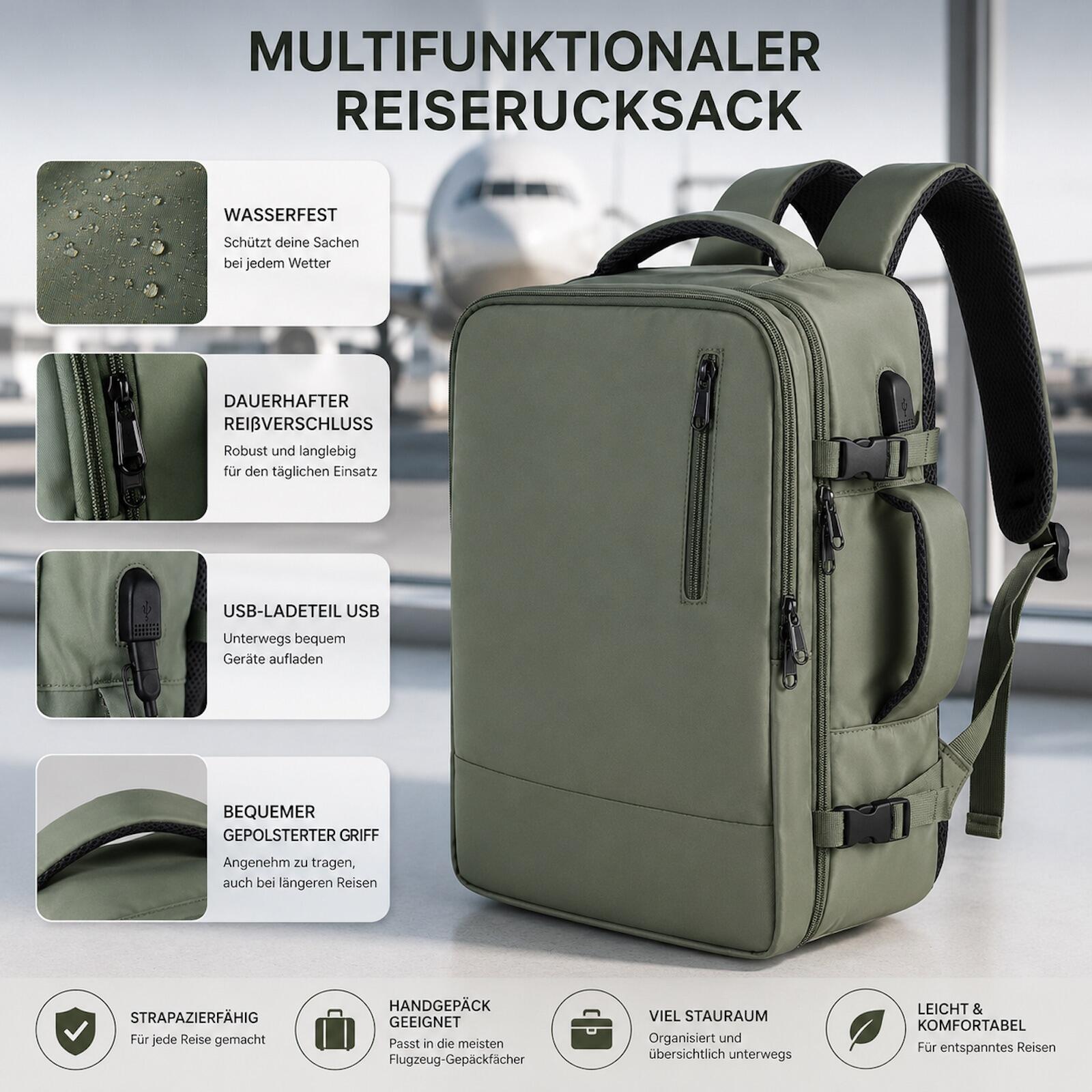 Reiserucksack Handgepäck Flugzeug Rucksack 35 Liter Grün 3/5