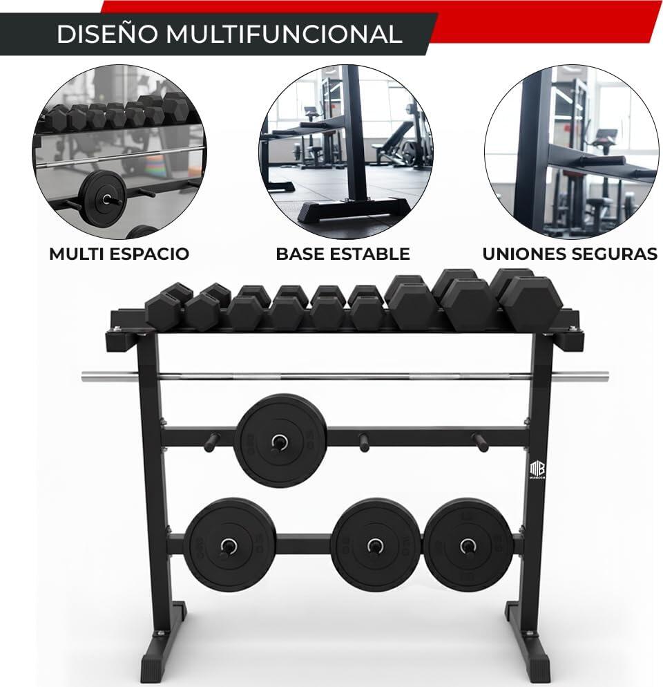 Soporte de Mancuernas Discos y Barras Multifuncional Fitness Negro 3/5