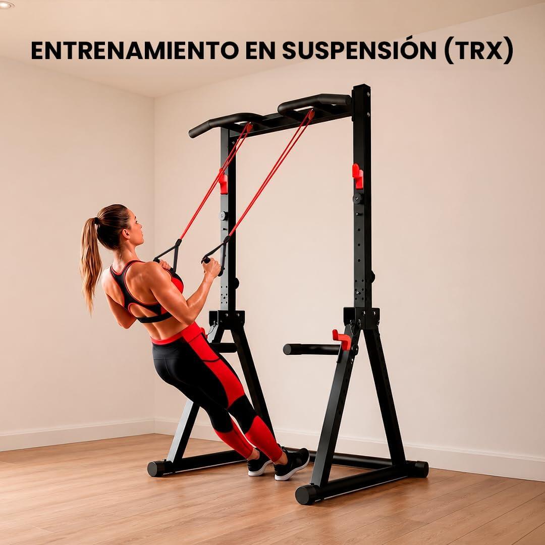 Estación de Dominadas Sentadillas Fondos y Correas Plegable Fitness 4/6