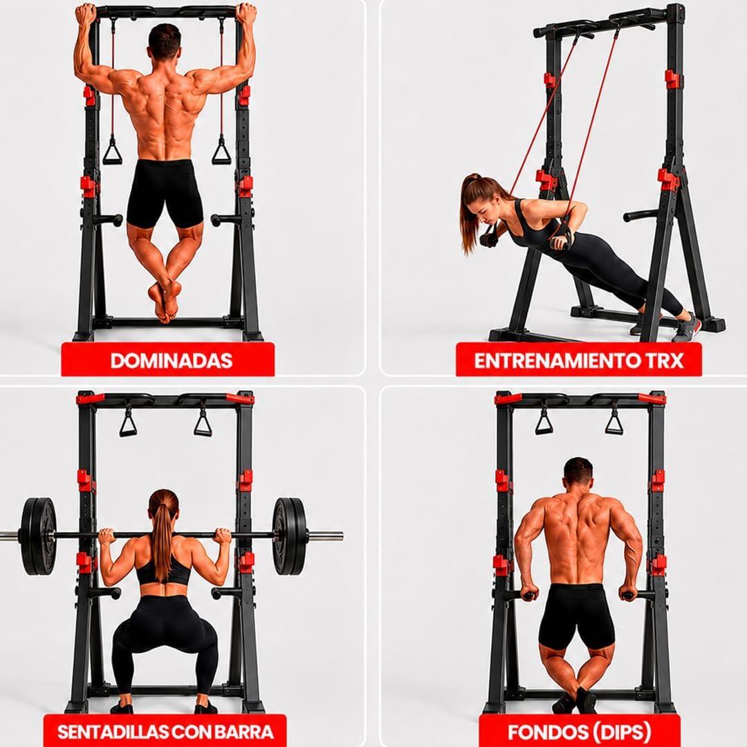 Estación de Dominadas Sentadillas Fondos y Correas Plegable Fitness 3/6