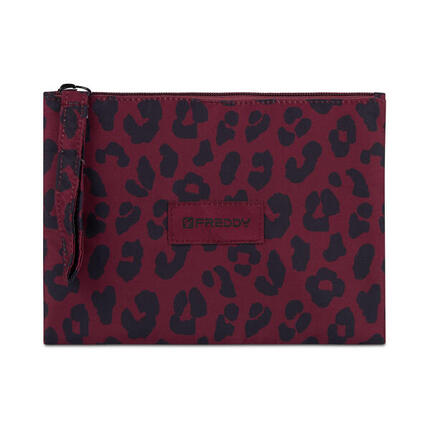 Pochette imprimée léopard en polyester avec fermeture à glissière et logo appliq