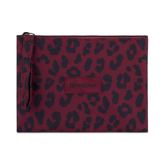 Pochette imprimée léopard en polyester avec fermeture à glissière et logo appliq