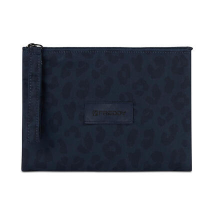 Pochette imprimée léopard en polyester avec fermeture à glissière et logo appliq