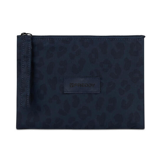 Pochette imprimée léopard en polyester avec fermeture à glissière et logo appliq
