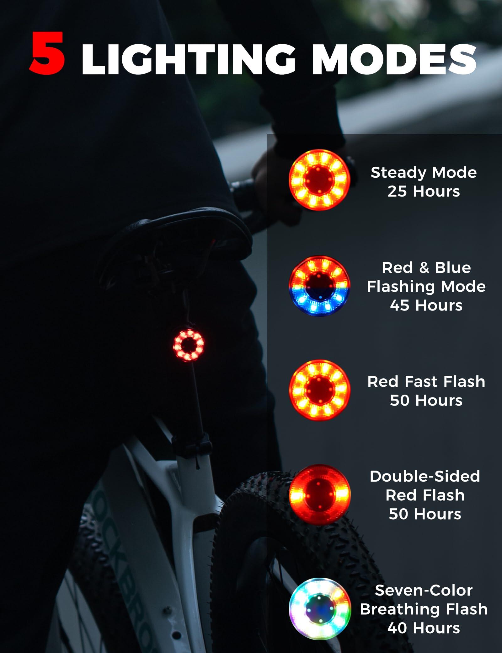 Feu Arrière Vélo RGB LED 5 Modes, Lumière Arrière USB-C Rechargeable 300mAh 2/7