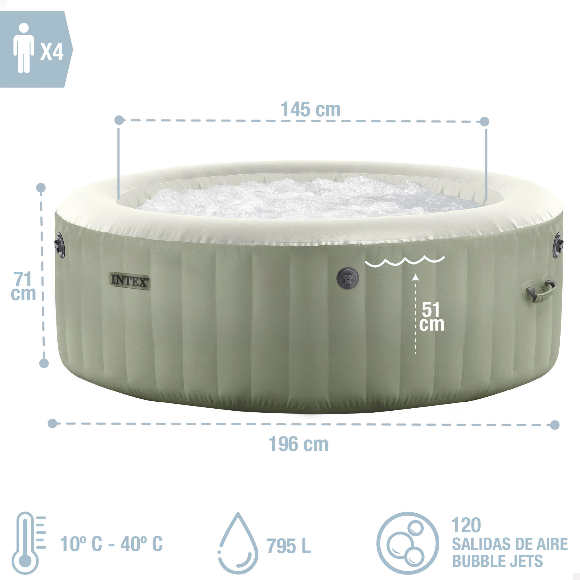 Spa hinchable Bubble Massage Verde Oliva 4 personas Ø196x71 4/7