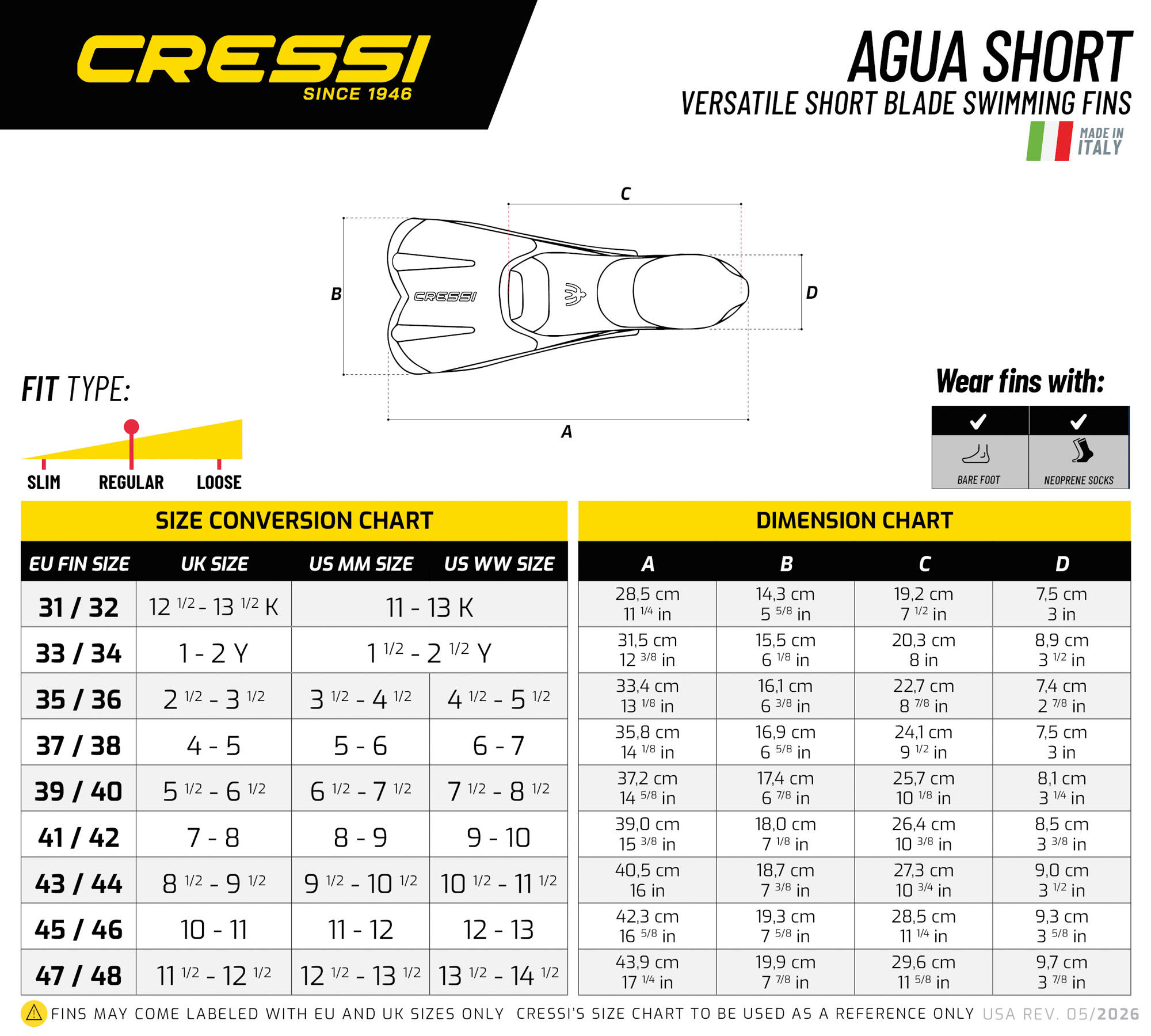 Agua Short Fins - Palmes Courtes Légères et Réactives pour la Natation et 5/7