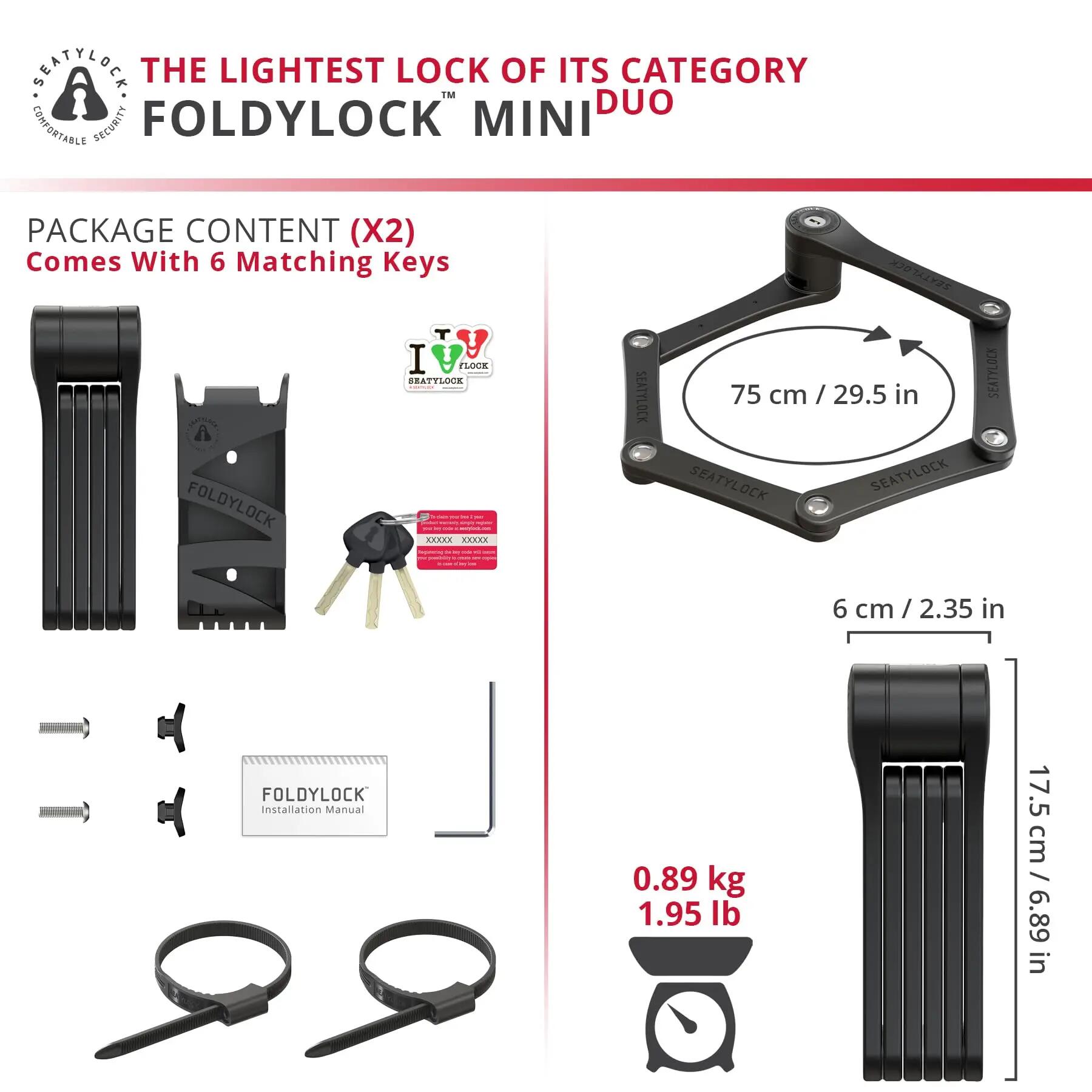 FoldyLock Mini Duo Antivol Pliable - 2 Cadenas Velo avec 6 Clés Identiques 5/5