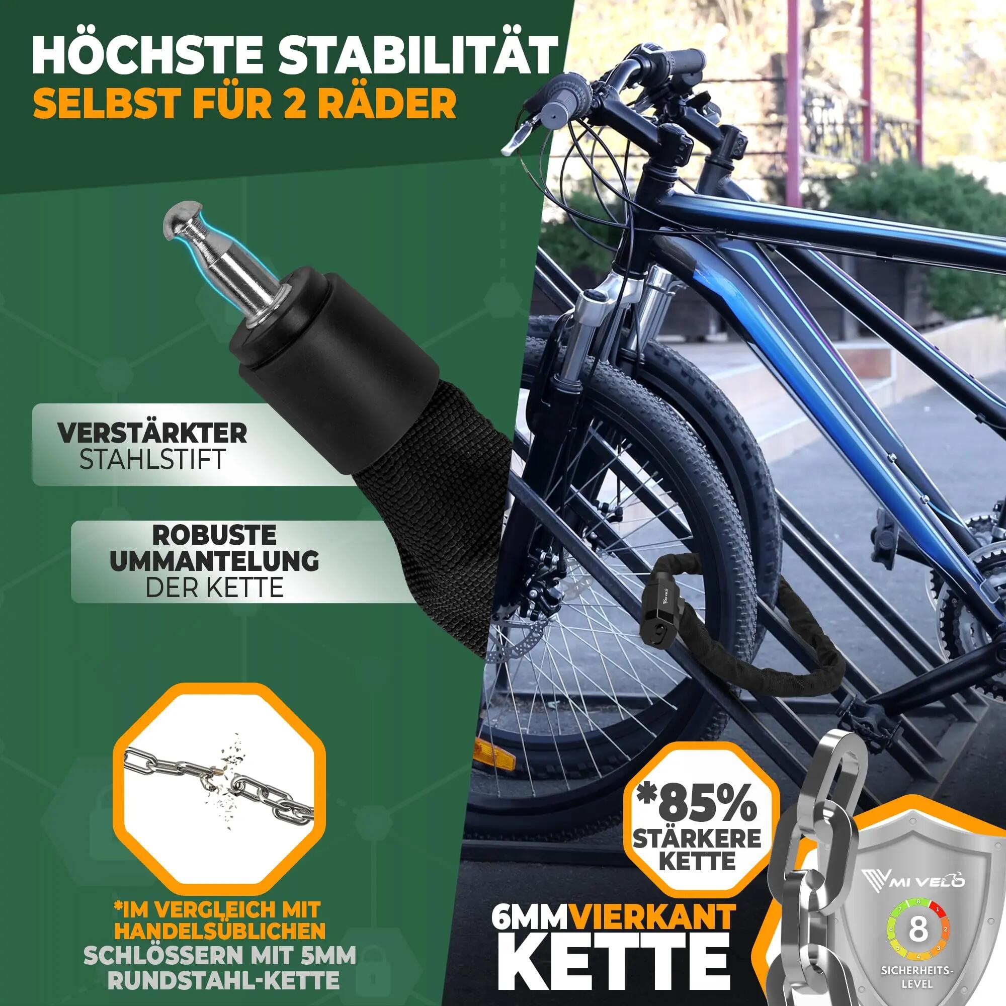Antivol pour vélo - Haute sécurité - Antivol de vélo avec chaîne carrée de 6 mm 6/7