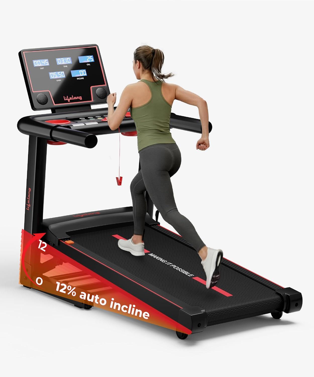 Lifelong 5HP Foldable Treadmill for Home | Home Workout Equipment | LED Display | 12% Auto Incline | 14 km/h Speed | 12 Preset Programs | Hydraulic Fold | Bluetooth & FitShow App | 110kg Max Weight-image-2