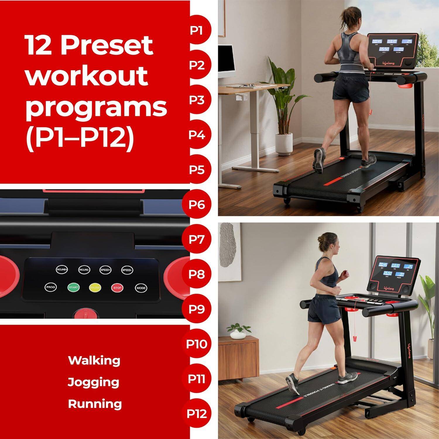 Lifelong 5HP Foldable Treadmill for Home | Home Workout Equipment | LED Display | 12% Auto Incline | 14 km/h Speed | 12 Preset Programs | Hydraulic Fold | Bluetooth & FitShow App | 110kg Max Weight -  5