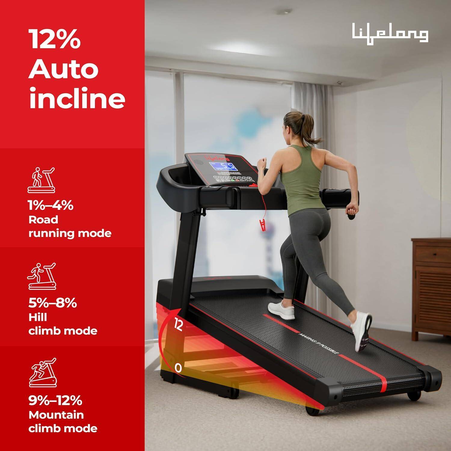 Lifelong 5HP Peak Motorized Treadmill for Home | 12% Auto Incline | 12 Preset Programs | 14 km/h Speed | 110 kg Capacity | LCD Display| Hydraulic Fold | Wide Running Belt | Bluetooth & FitShow App -  4