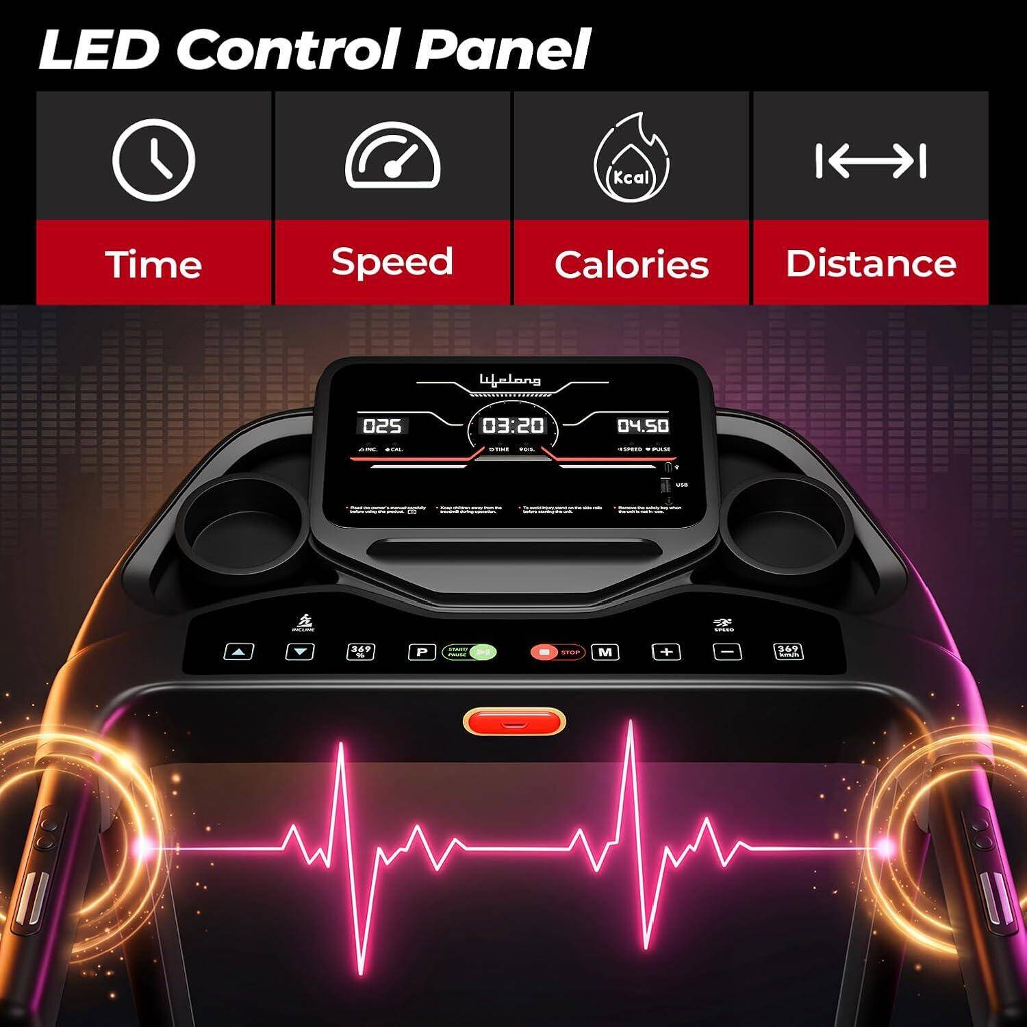 Lifelong 4.5HP Foldable Treadmill | Auto Incline | LED Display | 14 km/h Speed | 12 Preset Programs | Hydraulic Fold | Bluetooth FitShow App | 110kg Max Weight -  3