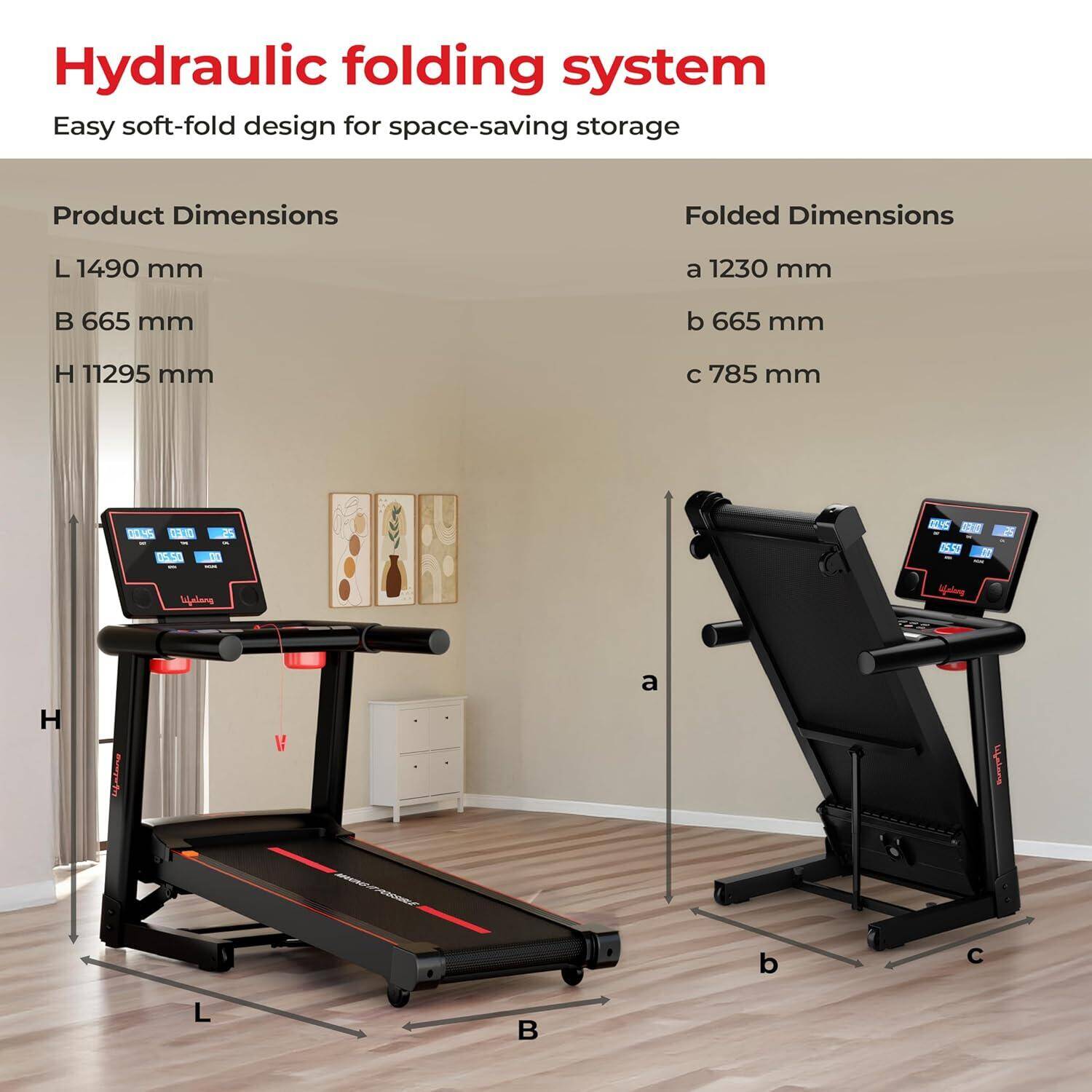Lifelong 5HP Foldable Treadmill for Home | Home Workout Equipment | LED Display | 12% Auto Incline | 14 km/h Speed | 12 Preset Programs | Hydraulic Fold | Bluetooth & FitShow App | 110kg Max Weight -  2