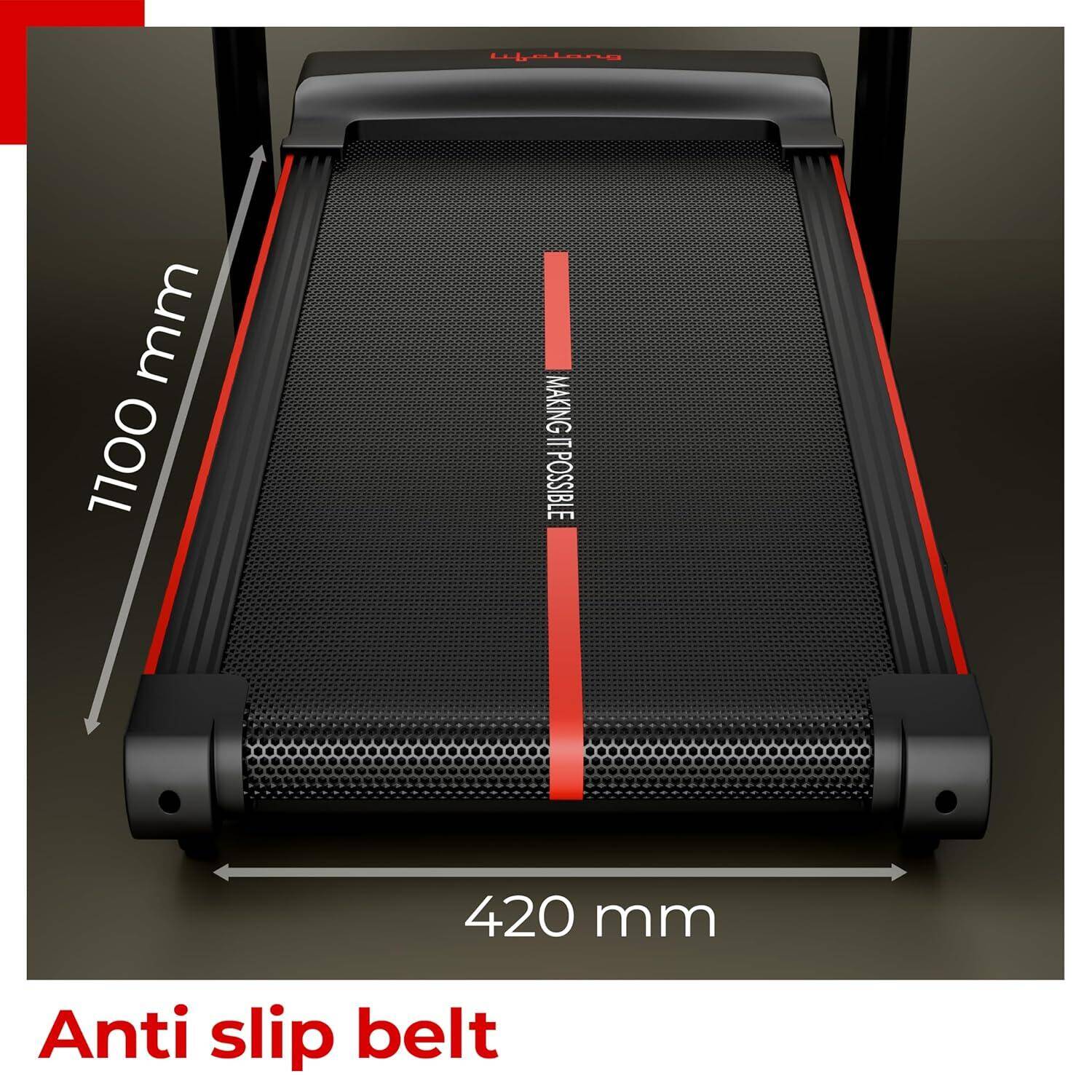 Lifelong 5HP Peak Motorized Treadmill for Home | 12% Auto Incline | 12 Preset Programs | 14 km/h Speed | 110 kg Capacity | LCD Display| Hydraulic Fold | Wide Running Belt | Bluetooth & FitShow App -  2