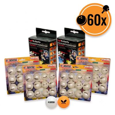 Set van 60 pingpongballen / tafeltennisballen (48 witte + 12 oranje)