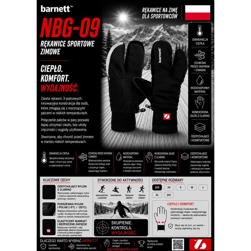 NBG-09 Mănușă softshell de schi și iarnă cu 3 degete Negru XL