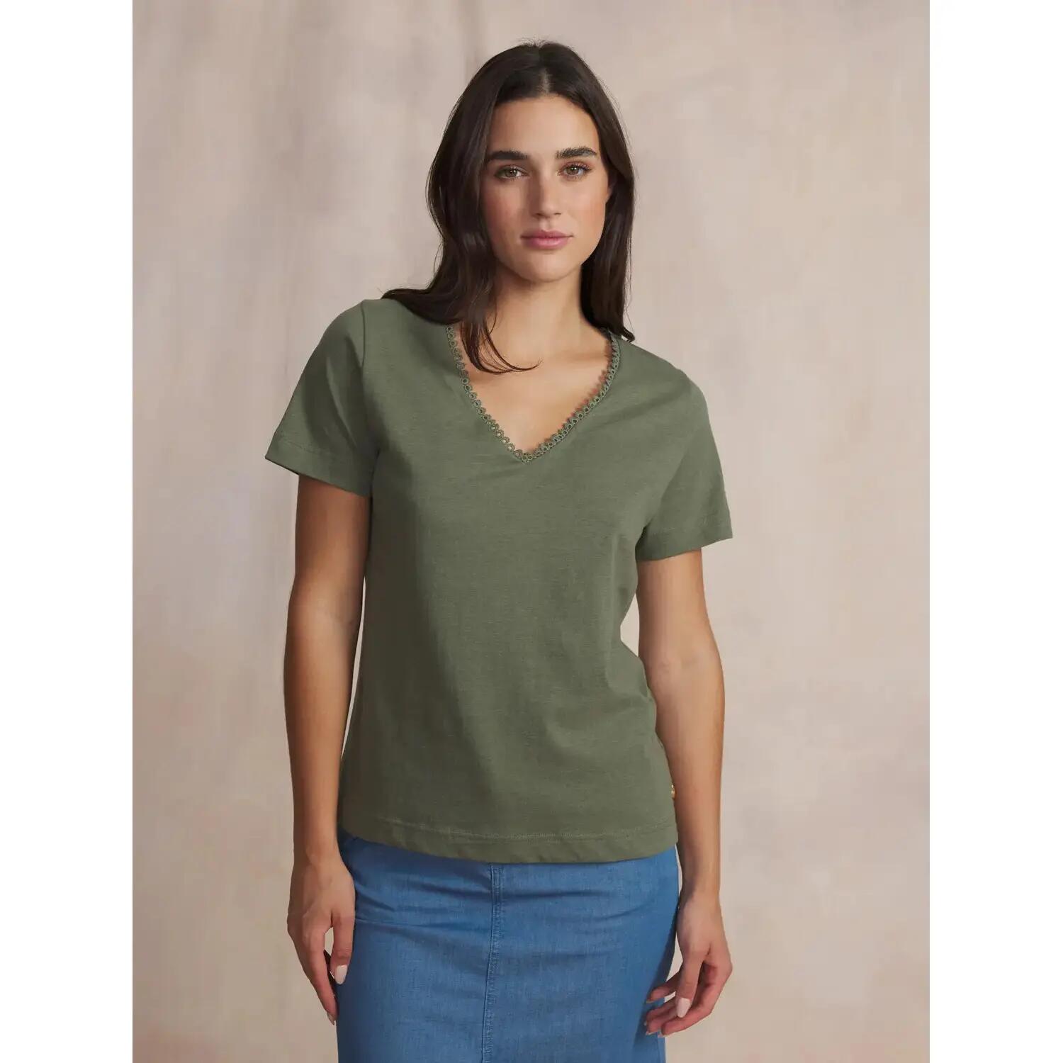 T-shirt - Textile - Femme - Col V, manches courtes, 100% coton - ADAMAVER - Vert 2/5
