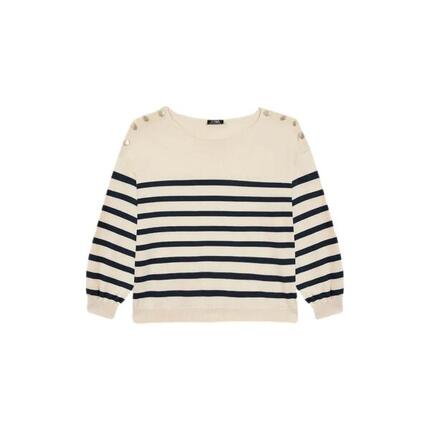 Pull - Femme - Col bateau rayé - SELENPUL - Blanc/Navy