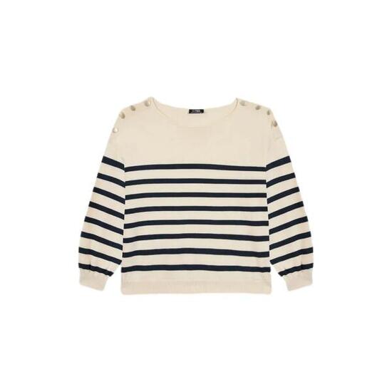 Pull - Femme - Col bateau rayé - SELENPUL - Blanc/Navy