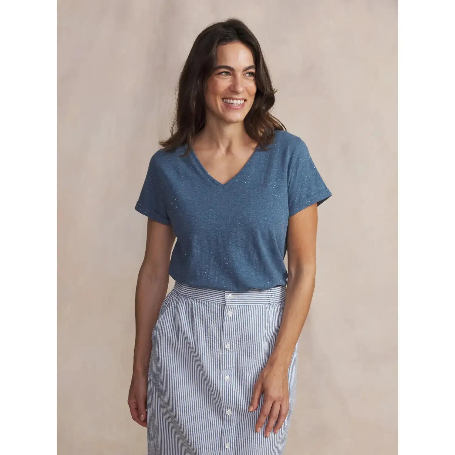 T-shirt - Sport - Femme - Col V, manches courtes avec revers - ADINATEE - Bleu 2/5