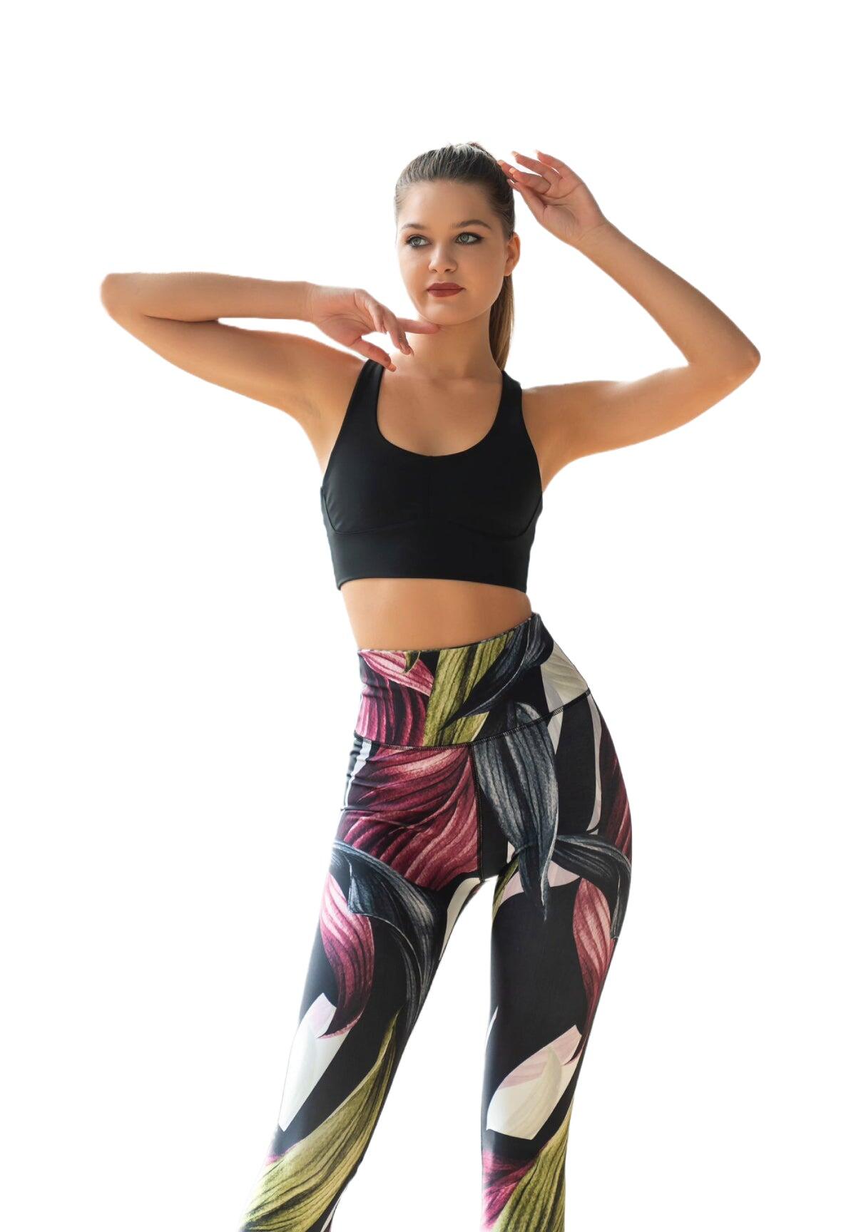 324 Leggings a vita alta extra in nero, rosa, verde a fiori 6/7